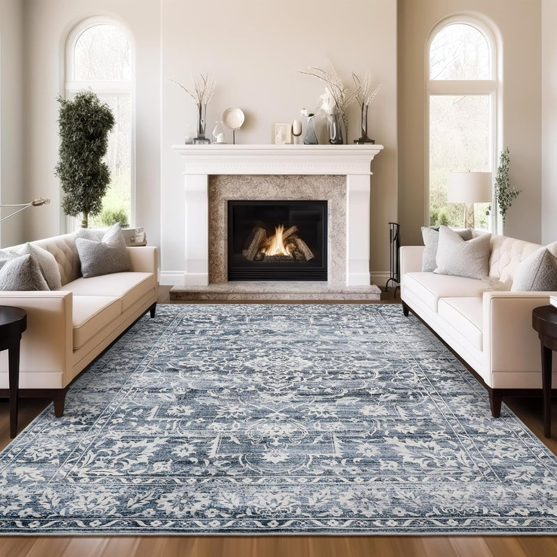 Machine Washable Medallion Floral Area Rug(Blue), Rectangle 6' x 9'