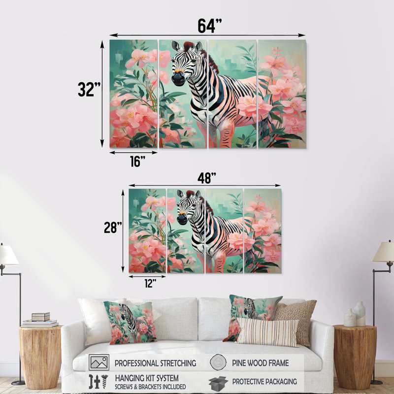Ensemble de 4 pièces d'art zébré rose et vert, H 28 po x l 48 po