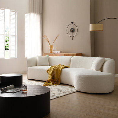 Ensemble de 2 pièces de canapé de salon de luxe de style moderne avec revêtement courbé et méridienne, canapé modulaire faisant face à la droite, canapé Boucle, blanc
