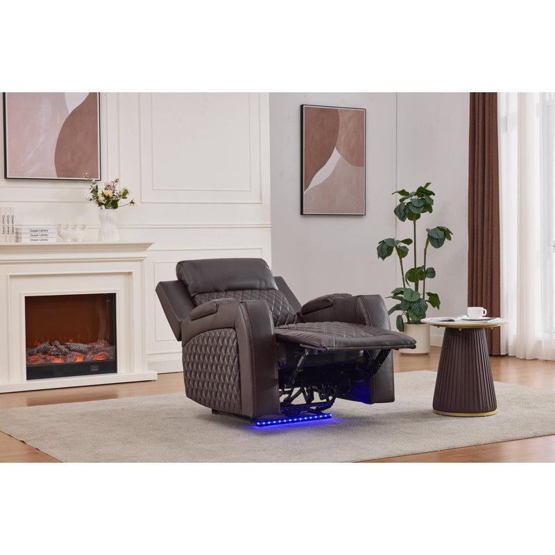 Fauteuil inclinable électrique brun avec lumières DEL, charge USB et porte-gobelets, fauteuil de cinéma inclinable en similicuir matelassé pour salon
