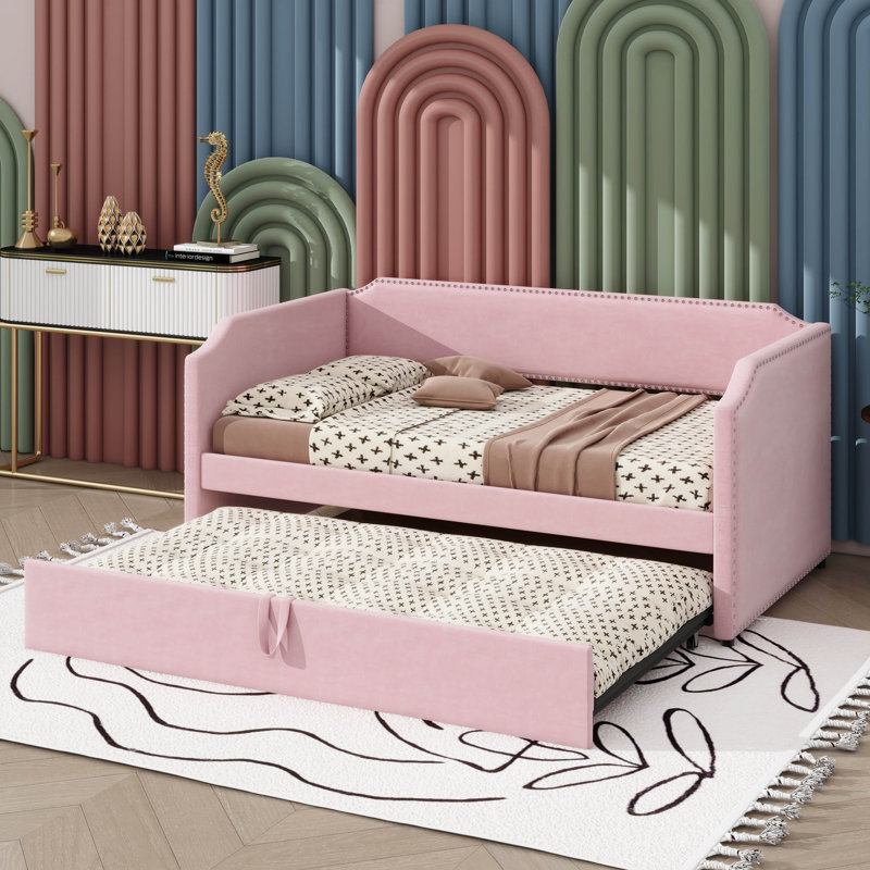 Lit de jour simple revêtu de velours avec lit gigogne escamotable, Rose