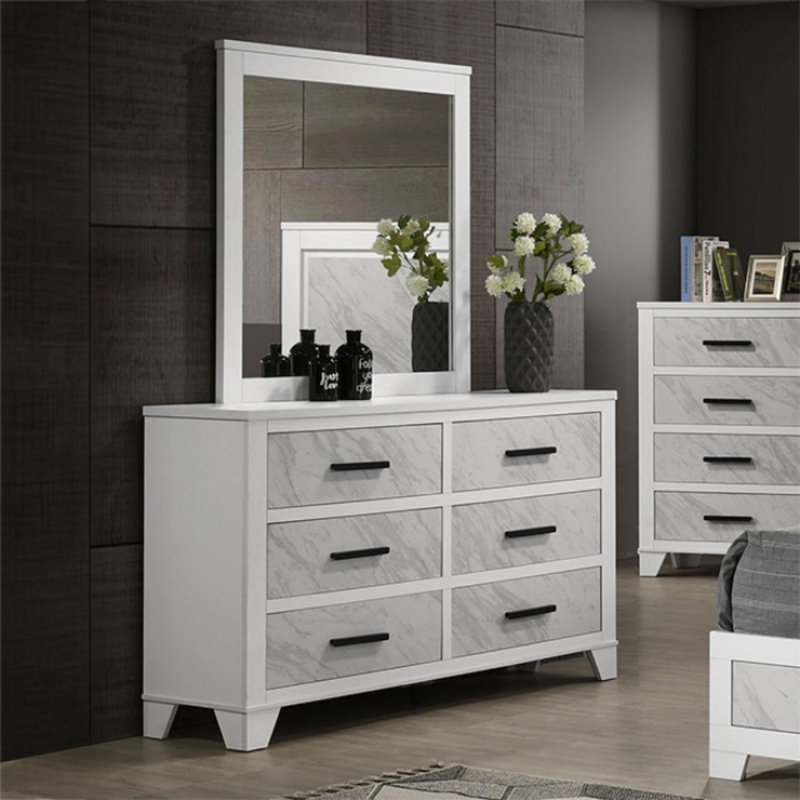Commode 6 tiroirs avec miroir Pham, Blanc