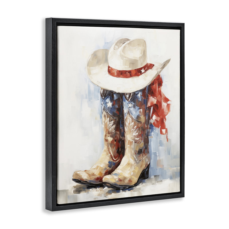 «Patriotic Cowboy bottes», art par Arlington Prints, Cadre flottant noir de jais, H 21 po x l 17 po