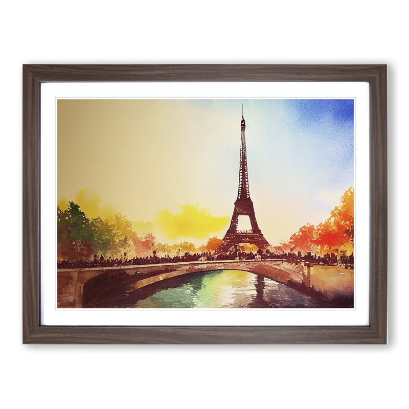 Eiffel Tower In Watercolour Vol.3 - Single Picture Frame Painting, 34cm H x 46cm W x 2cm D, Walnut 