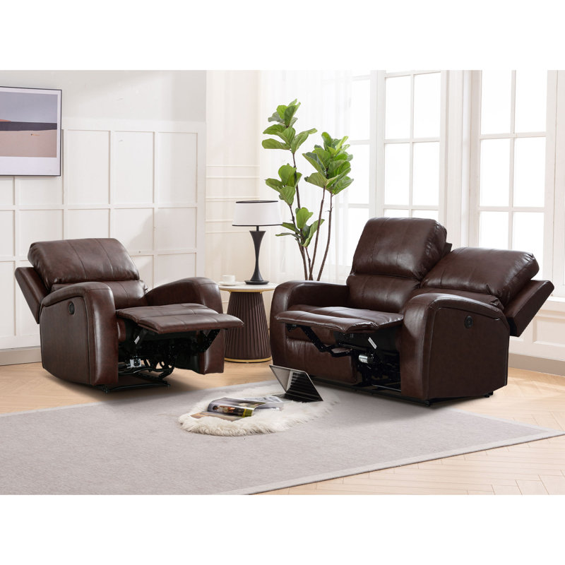 Rimmer 2-Piece Modern and Soft Vegan Leather Power Reclining Living Room Set with USB Charge Port, Dark Brown 