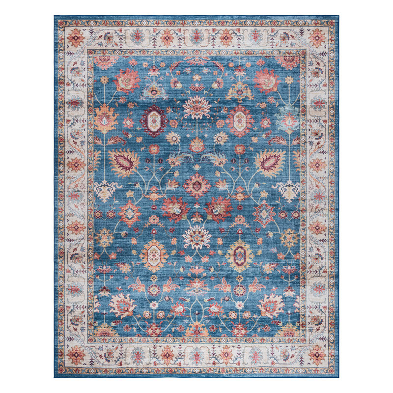 Samira Cullen Machine Washable Floral Border Navy Blue Beige Multi Indoor Area Rug, Transitional Flat Pile for Living Room & Bedroom - Blue/Tan