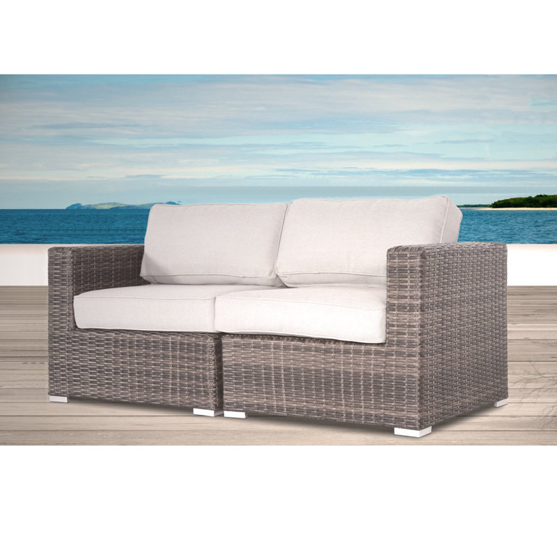 Arreola Fully Assembled 66" Wide Outdoor Wicker Loveseat with Cushions, Gray, Beige