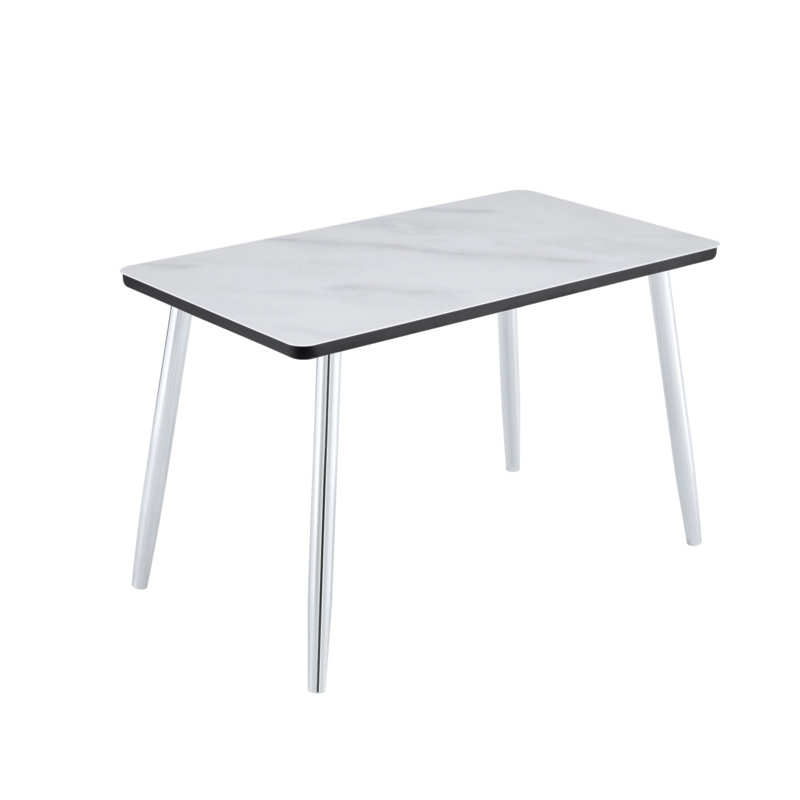 Modern minimalist rectangular dining table, suitable for 4-6 people. Tempered glass countertop+lower MDF board,imitation marble texture, silver metal tapered legs. Suitable for minimalist restaurants.