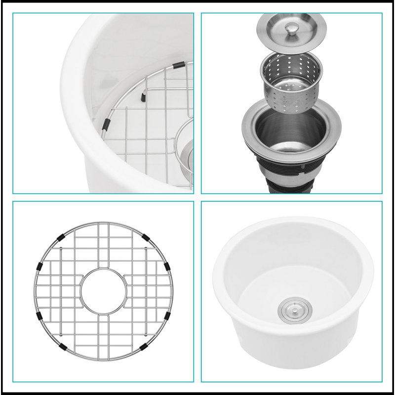 Évier de cuisine circulaire en céramique à simple cuve 18 pouces avec assemblage de drain et grille inférieure
