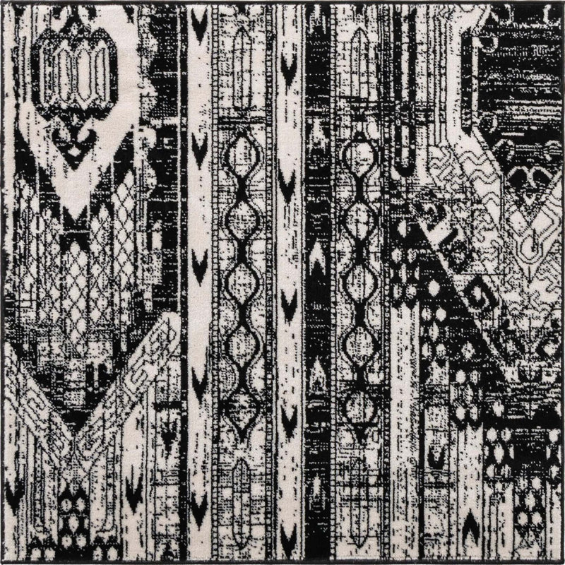 Tapis blanc / noir à motif géométrique Hewan, Carré 4 pi 1 po