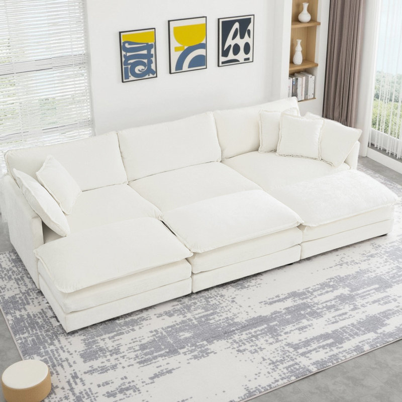 Ensemble de canapé modulaire en forme de U 6 places avec 3 repose-pieds - Canapé modulaire réversible en chenille avec assise profonde, 5 coussins et revêtement ultra doux, configuration de mobilier de salon flexible