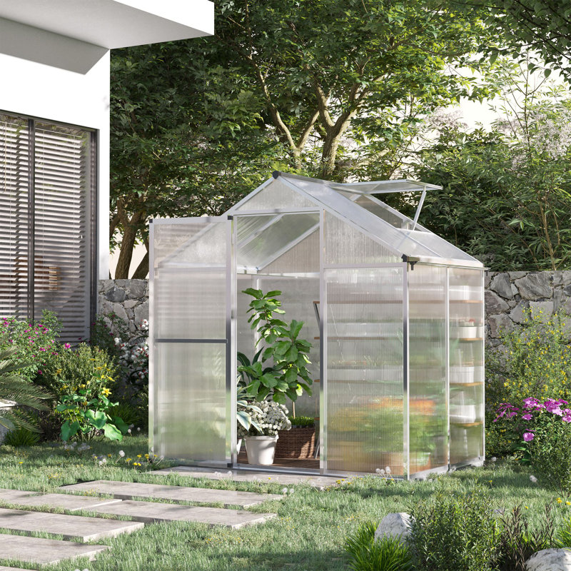 4' L x 6' W Walk-In Polycarbonate Greenhouse with Roof Vent for Ventilation & Rain Gutter, Hobby Greenhouse for Winter