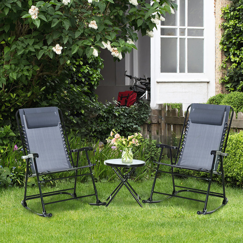Chaise berçante de patio extérieur, table pliante 3 pièces avec café rond en verre pour cour arrière, cour trempée grise, terrasse