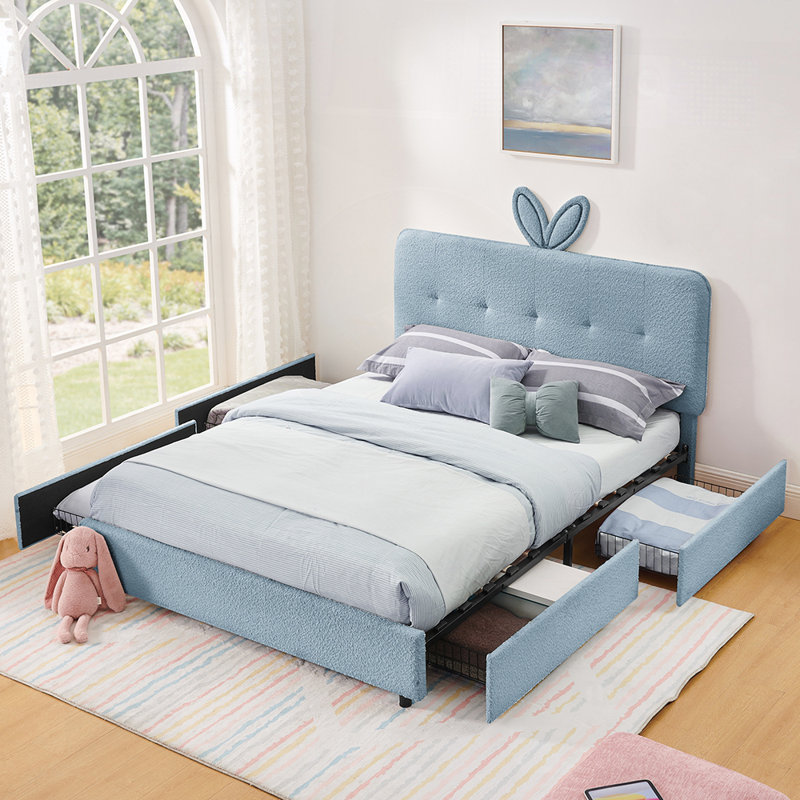 Lit tapissier pour enfants avec tête de lit surdimensionnée pour oreilles de lapin, 4 tiroirs de rangement à DEL, tissu Boucle