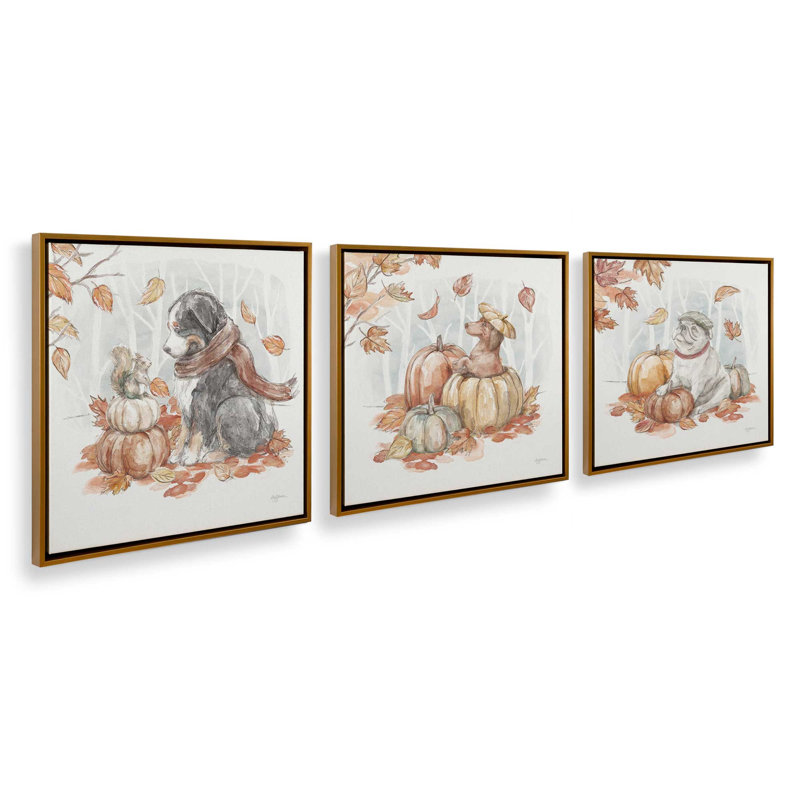 «Pumpkin Patch Pup», ensemble de 3 impressions sur toile, H 13 po x l 39 po, Impression encadrée sans passe-partout, Or poli
