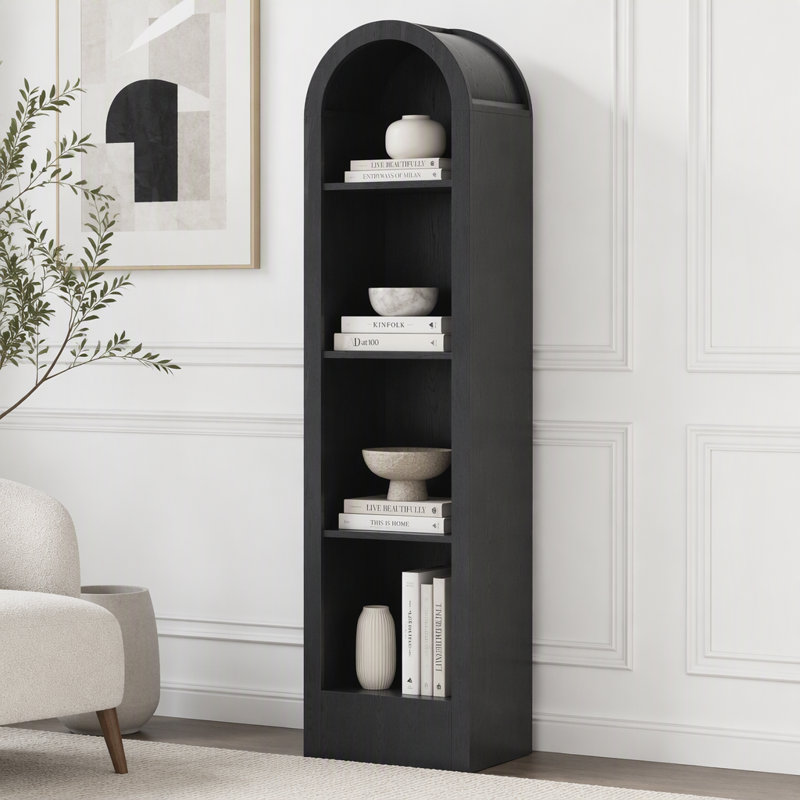 Petite bibliothèque arquée de 67 po à 5 niveaux avec tablette de rangement ouverte Mid-Century, Black