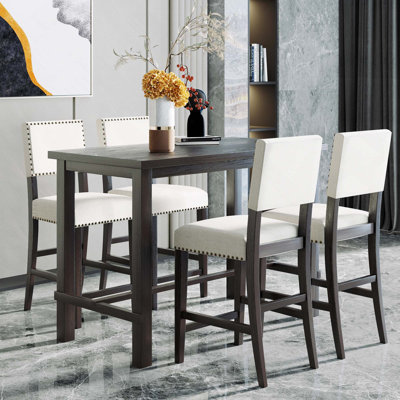 5PCS Counter Height Dining Set, Classic Elegant Table With 4 Upholstered Chairs