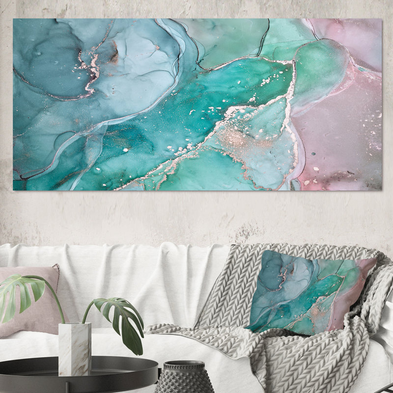 Marbre abstrait turquoise - peinture sur toile, Toile tendue, H 28 po x l 60 po