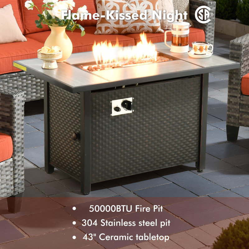 Harbin Wicker/Rattan 7- Person Outdoor Seating Group With Ottoman With Fire Pit Table, Orange/Red