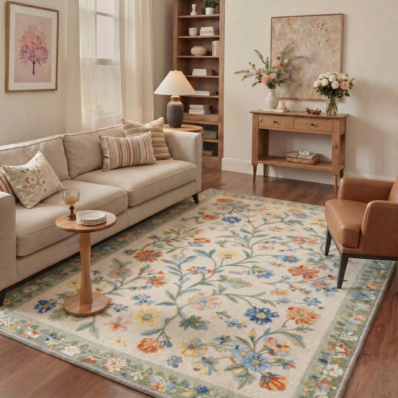 Tapis d'intérieur vert / beige lavable à la machine Verona avec envers antidérapant, Rectangle 8' x 10'