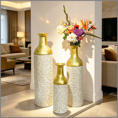 Ensemble de 3 vases décoratifs en métal, vases de sol antiques blancs et dorés à motif de feuilles, grands vases antiques blancs et dorés antiques pour la maison, décoration de salon