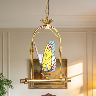 Stained Glass Butterfly Pendant Light With Antique Brass Frame, Adjustable Chain - Vintage Single Hanging Light
