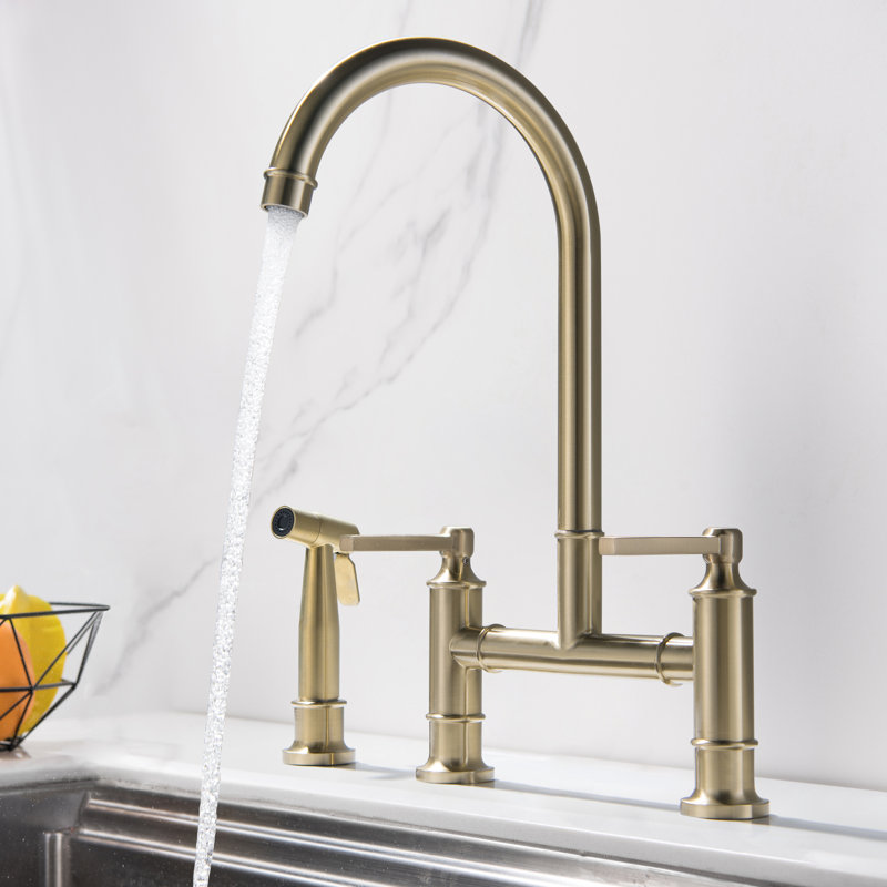 2-Handle Bridge Kitchen Sink Faucet with Side Sprayer, Brushed Gold