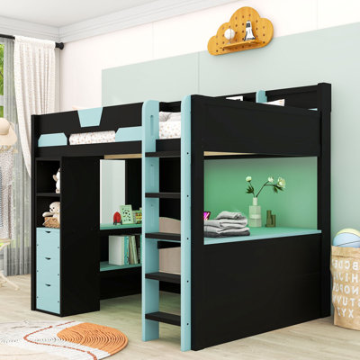 Lit mezzanine en bois avec bureau, tiroirs de rangement, tablettes, ports USB et bande lumineuse