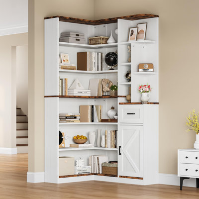 GarveeHome 74'' Tall Corner Bookshelf - 6-Tier Book Shelf with Drawer and Cabinets, l-Shaped Bookcase Open Storage Shelves Modern Display Shelf for Home, Office