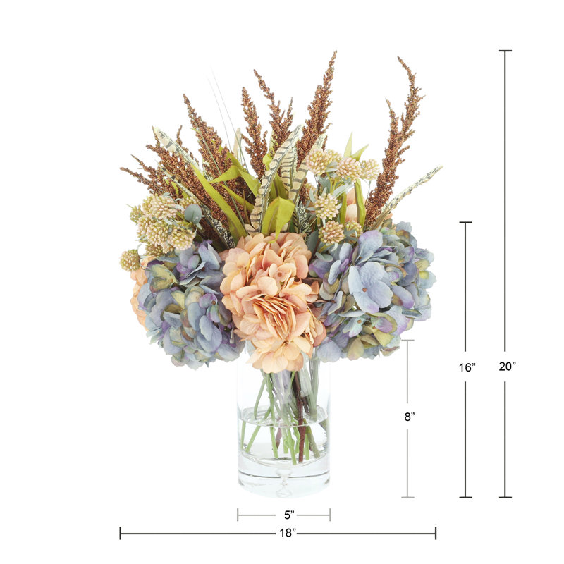 Fall Centerpiece with Hydrangeas and Heather in Glass Vase
