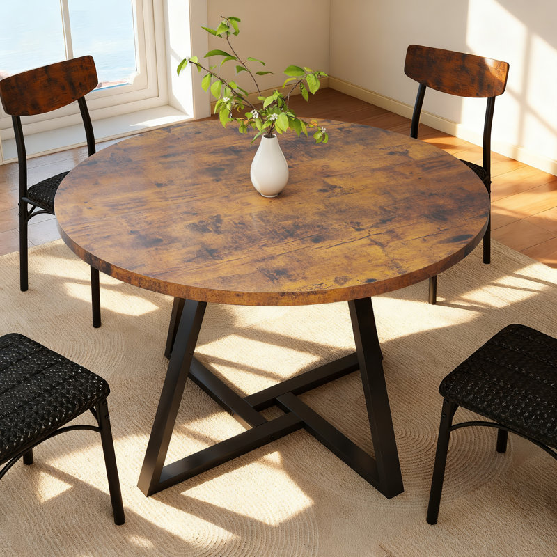  Round Dining Table: Pedestal Metal Frame, Space-Saving Industrial Style, Dark Brown Wood, 76cm H x 120cm W x  120cm D