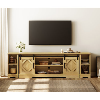 Meuble télé pour téléviseur de 85 po ou moins avec portes de grange coulissantes et rangement ouvert Laziza 