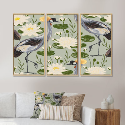 Oiseau grue et nénuphars sur fond gris - ensemble de 3 toiles encadrées