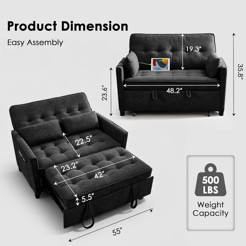 Canapé-lit convertible de 55 po avec dossier réglable, ports USB et poches latérales, Noir