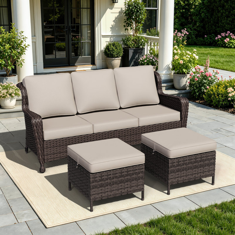 3-Piece Patio PE Wicker Outdoor Conversation Set with 3-seat sofa, 2 Ottomans & Beige Cushions, Beige