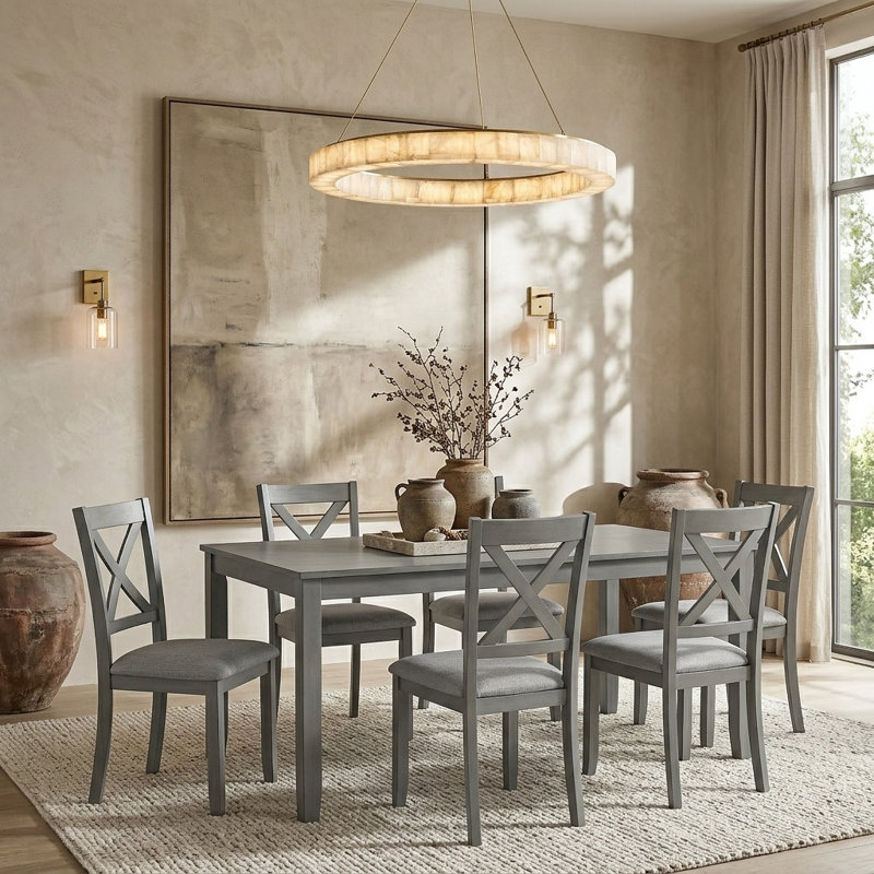 Ensemble de table et chaises de salle à manger en bois massif 7 pièces, chaises rembourrées modernes à dossier en X, Grey