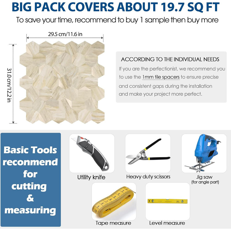 10-Sheet Heavy-Duty Hexagon Peel and Stick Backsplash