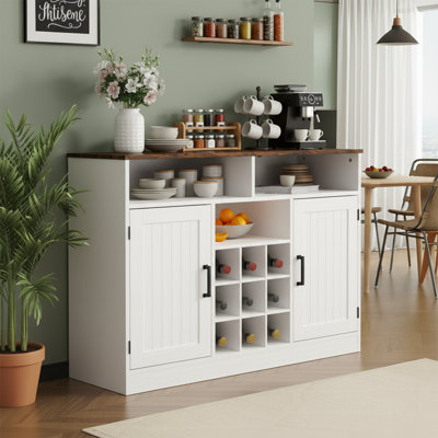 Farmhouse Buffet Cabinet With Prower Outlets, Rustic Sideboard Buffet With Wine Rack, Wooden Buffet Table For Dining Room, Antique White