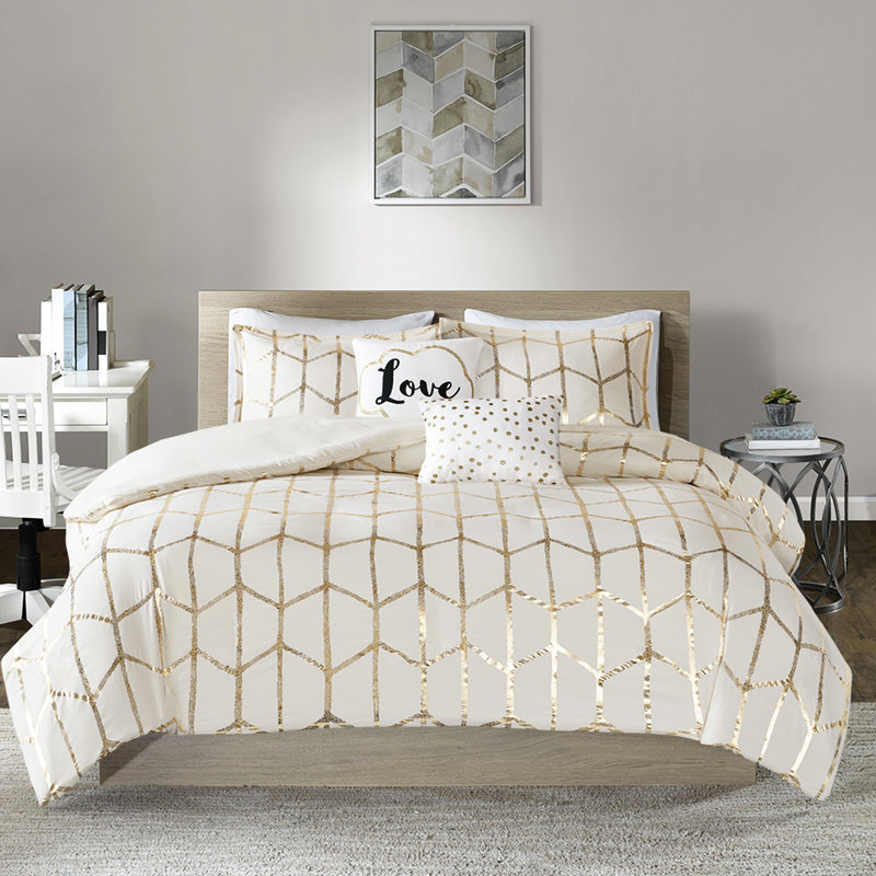 Housse de couette pour lit double / grand or métallique, microfibre douce, base, fermeture à boutons, taies décoratives et coussins décoratifs inclus
