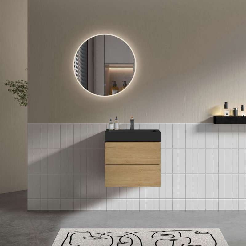Meuble-lavabo simple mural 24 po avec surface solide avec trop-plein, 24 po, pré-assemblé, Beige, Noir mat, 24"