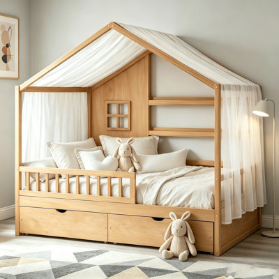Lit de style maison basse avec rideaux, tiroirs de rangement et tablettes