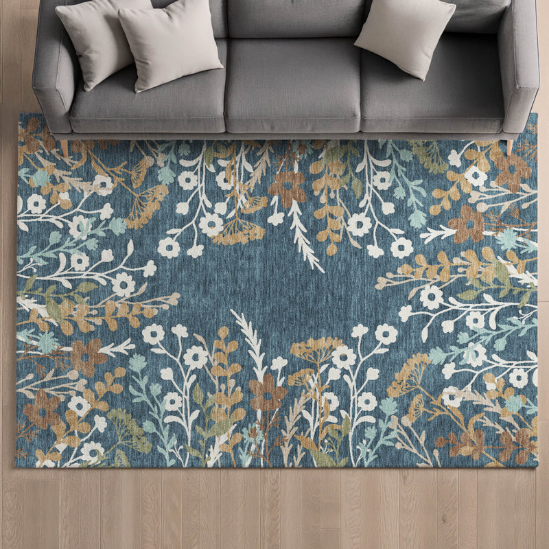Tapis floral lavable à la machine de qualité supérieure Mayfield AMF2334, Denim, 8 pi x 10 pi