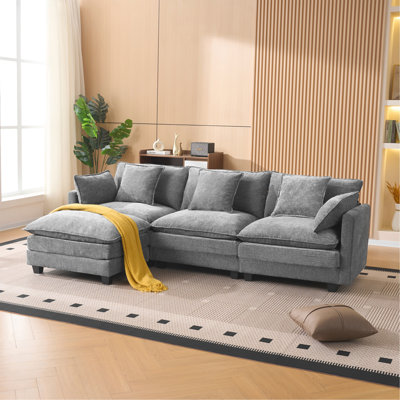 Gray Color  3-Seat Combo Sofa With Storage Ottoman For Living Room Apartment Bedroom And Compact Room, Upholstered Sectional Couch, L Shaped Bench With Ottoman