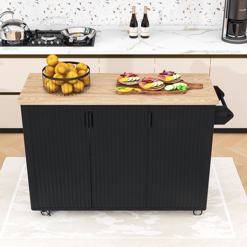 Chariot pour îlot de cuisine roulant Erela Farmhouse avec abattant et supports de rangement internes, Bois de frêne noir