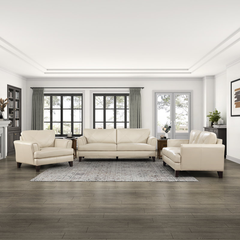 Ensemble de salon moderne en cuir fleur 3 pièces Nico Modern, Cuir véritable crème