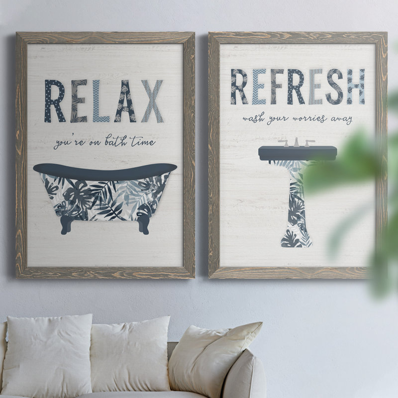 Palm Bath I - Ensemble de 2 encadrements d'art textuel sur toile, H 37,5 po x l 55 po x P 1,5 po, Toile avec cadre gris