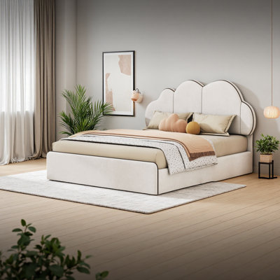 Queen Size Upholstered Platform Bed With Cloud-Shaped Headboard