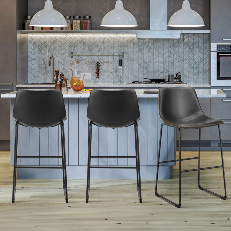 Modern Upholstered Dining Stool, Black, 2 Pieces, Bar Stool (29" Seat Height)