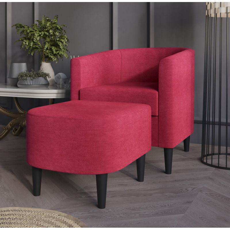 Upholstered Armchair and Ottoman Set, Red Linen