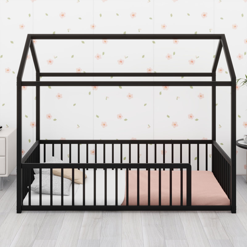 Montessori-Inspired House-Shaped Floor Bed Frame With Safety Fence, Twin, Black
